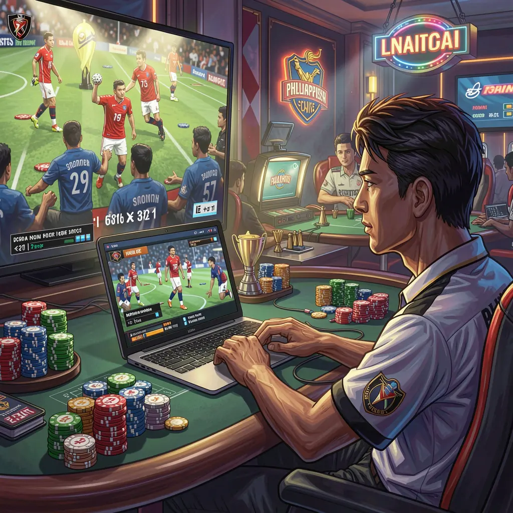 Confident Filipino sports bettor analyzing live odds on a laptop while tracking multiple games on TV using the BXB BET platform