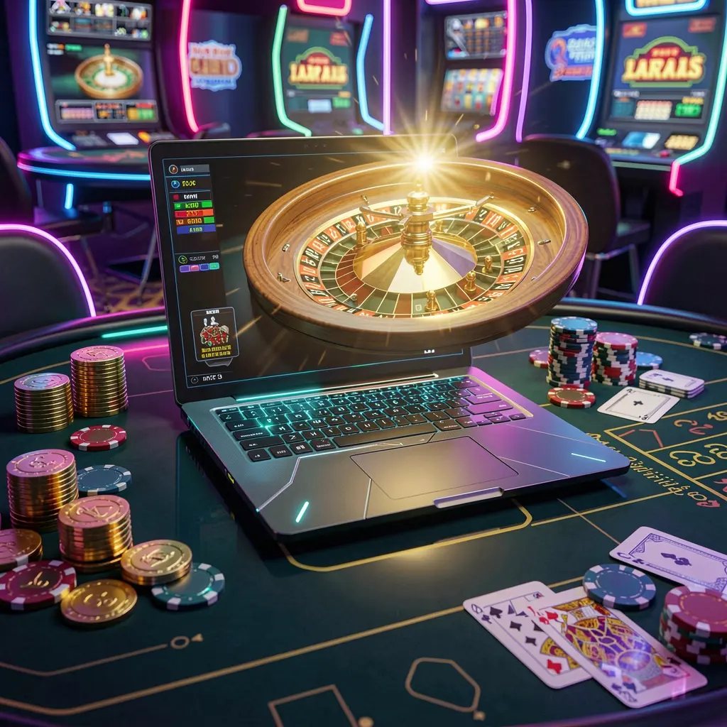 A sleek laptop displaying a vibrant roulette wheel surrounded by casino chips and glowing coins representing the premium online casino experience at BXB BET in the Philippines