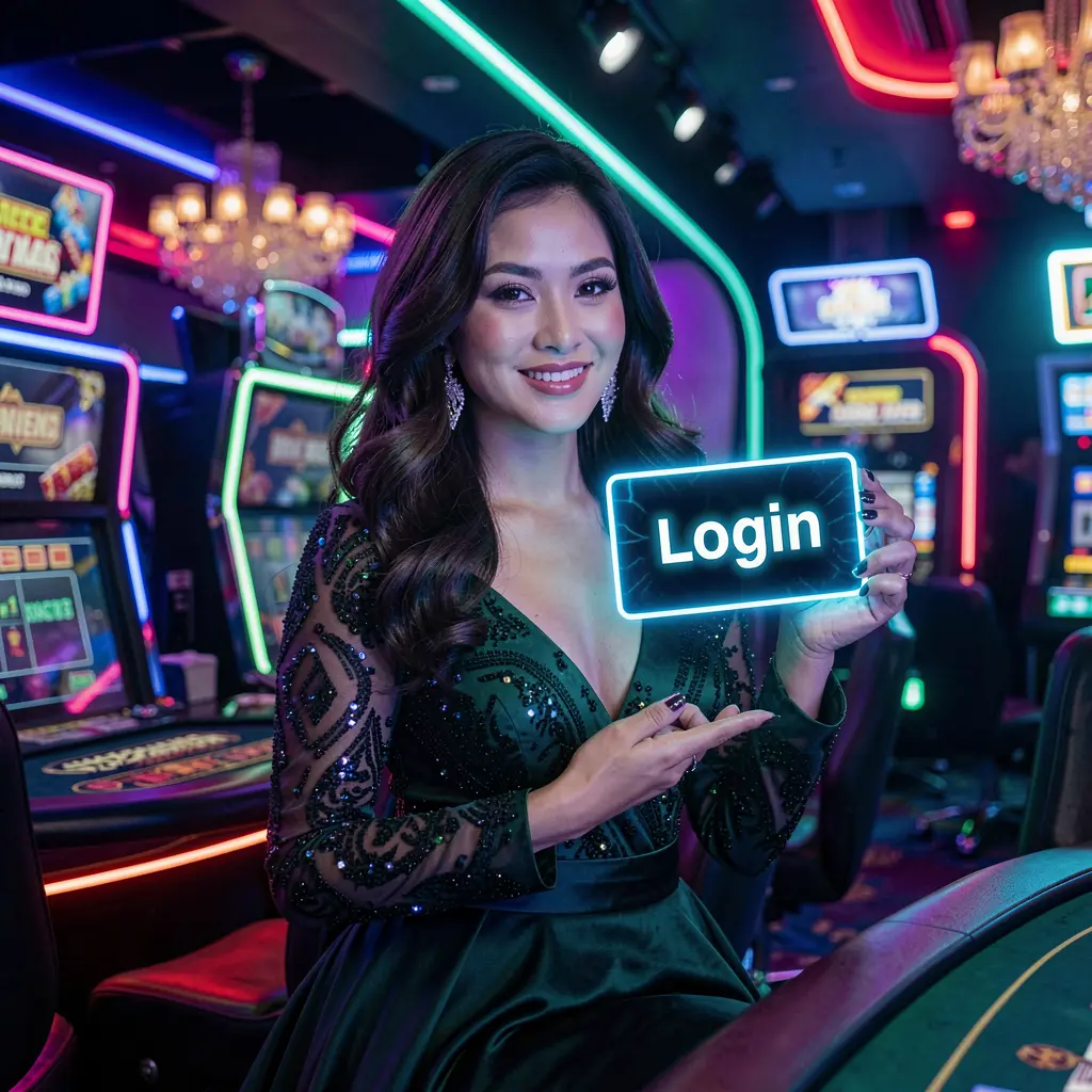 BXB BET Login – Secure and stylish account access for Filipino players Elegant Filipino woman holding a glowing login card in a futuristic casino environment at BXB BET showcasing secure access for players in the Philippines