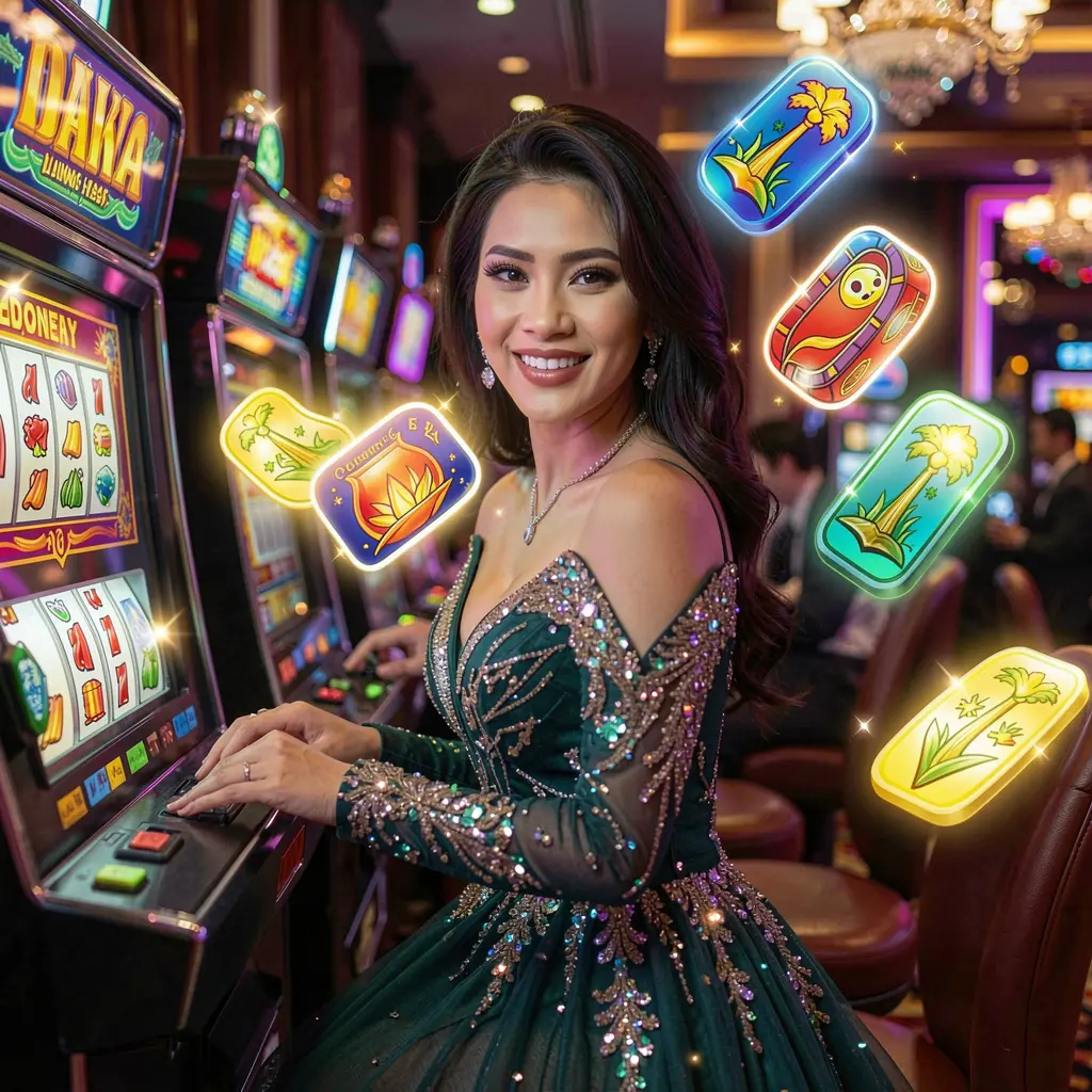 BXB BET – Discover premium online slot games for players in the Philippines Confident woman in a luxurious gown surrounded by glowing casino symbols representing high quality slot entertainment at BXB BET Philippines